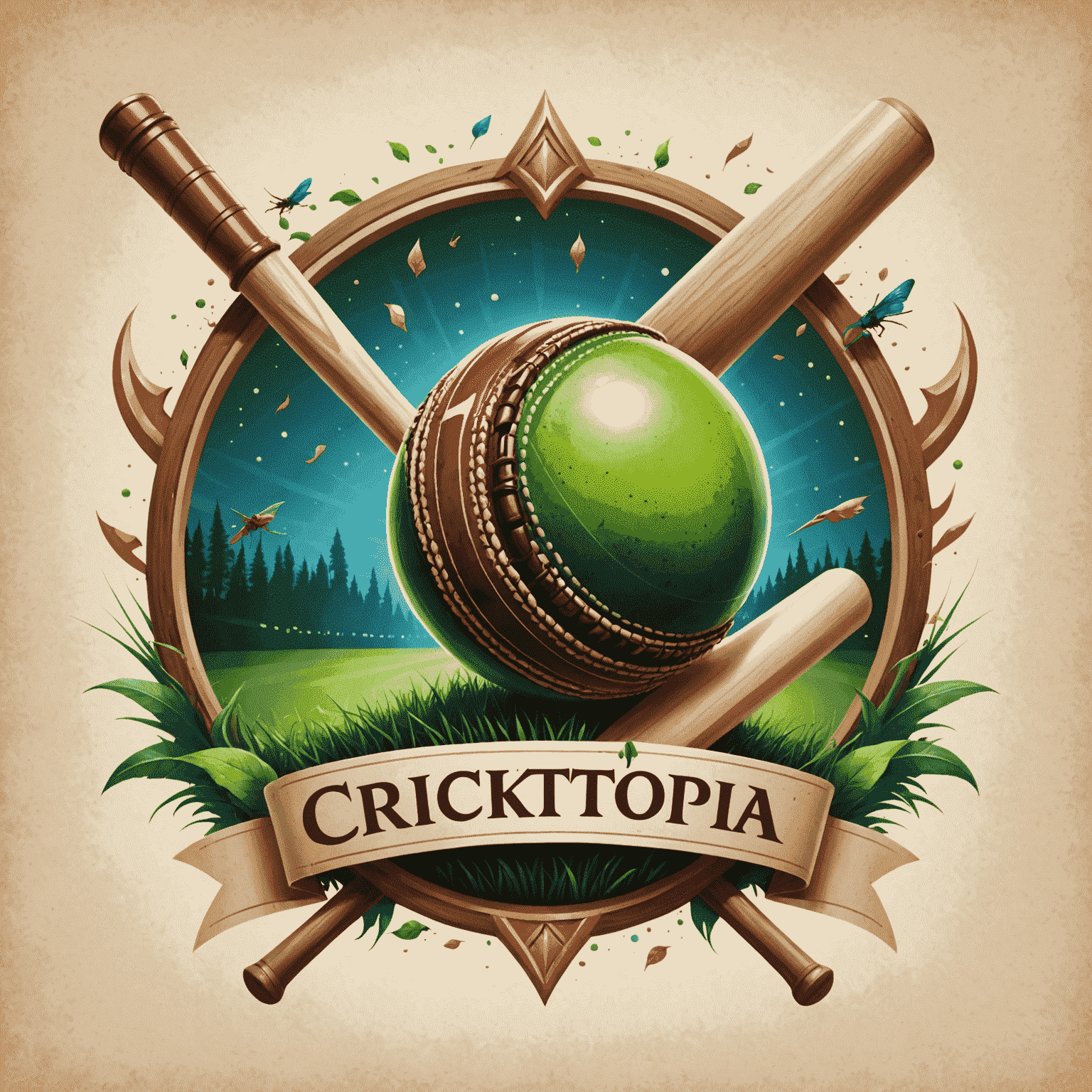 Cricktopia logo featuring a cricket ball and bat with fantasy elements