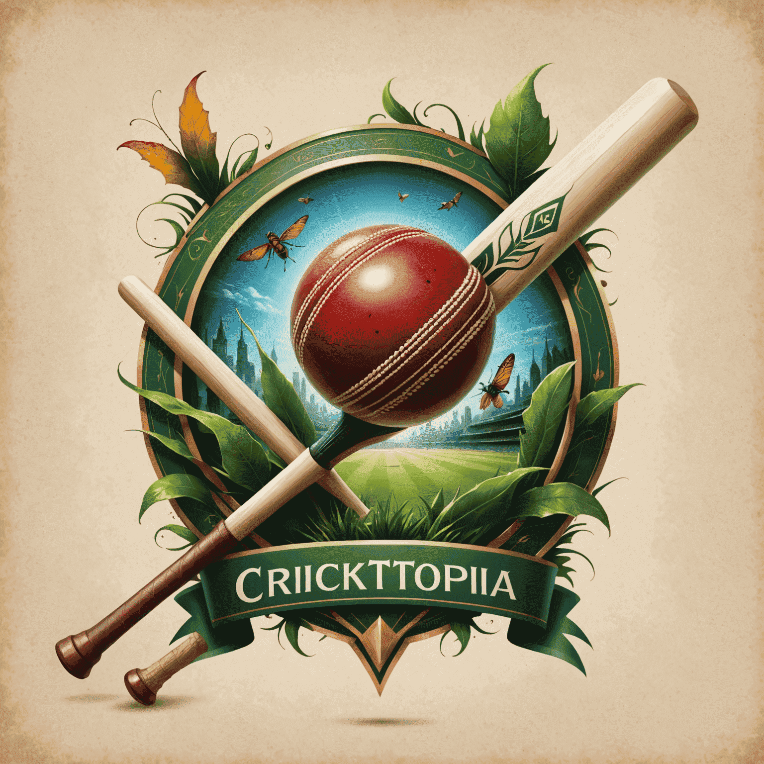 Cricktopia logo featuring a cricket ball and bat with fantasy elements