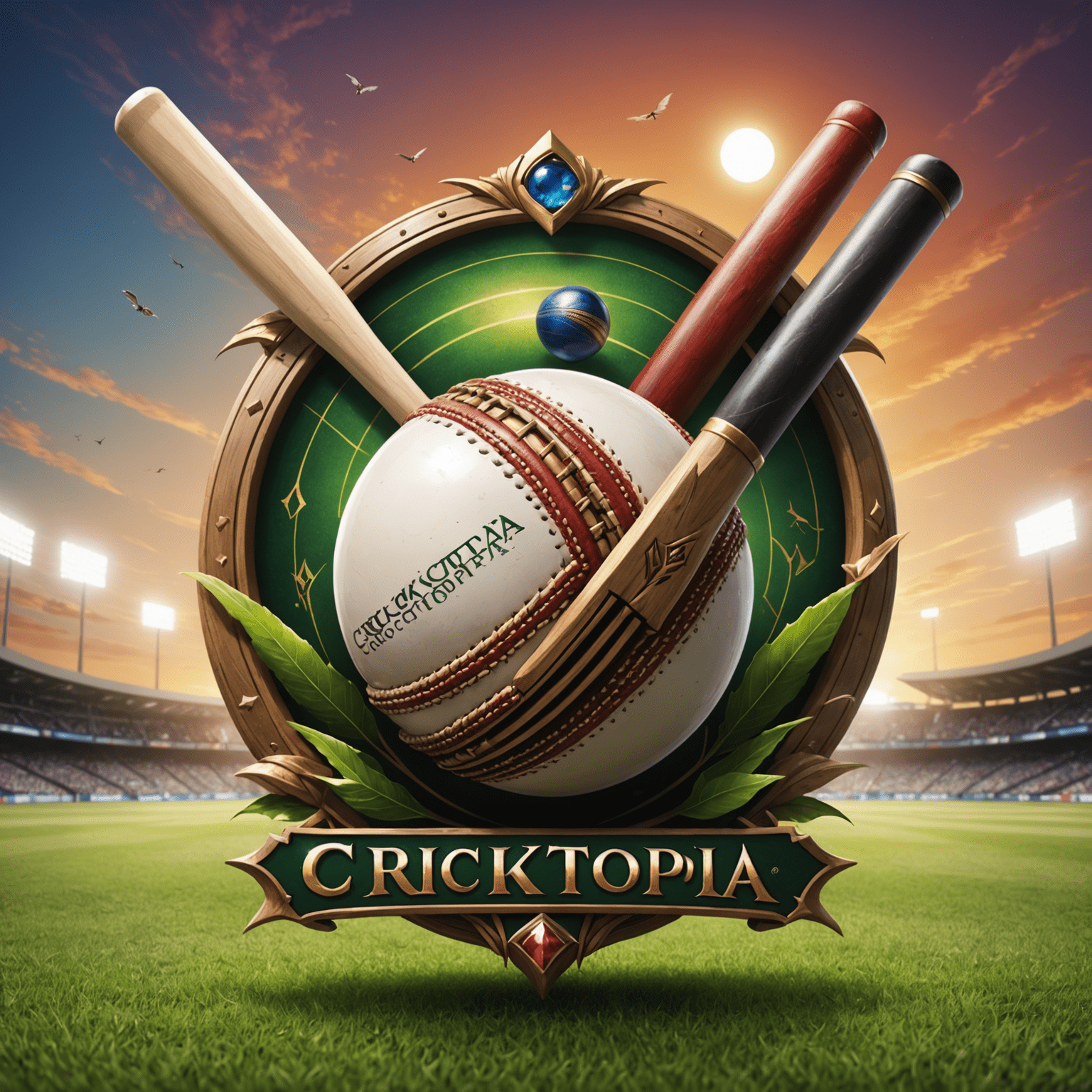 Cricktopia logo featuring a cricket ball and bat with fantasy elements