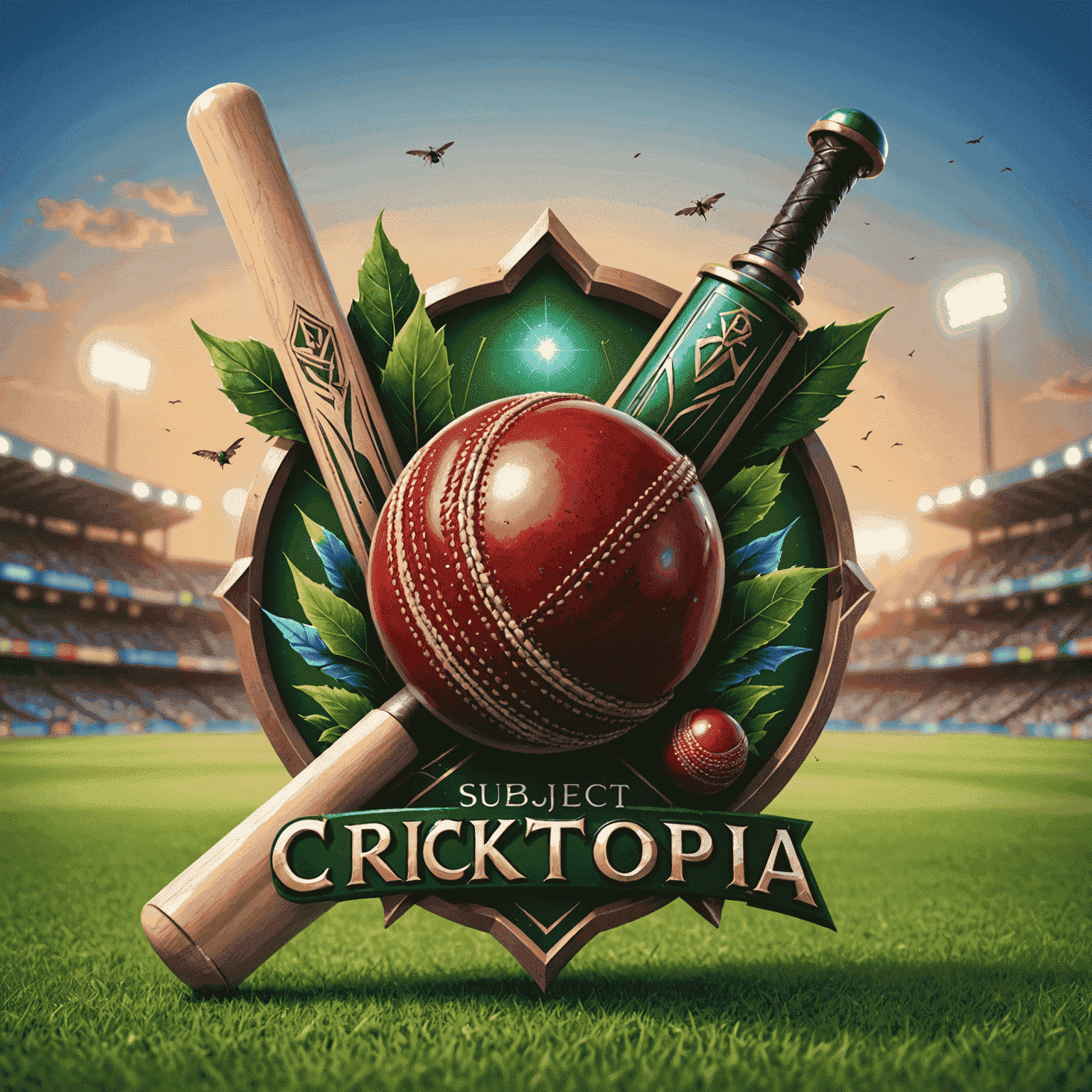 Cricktopia logo featuring a cricket ball and bat with fantasy elements