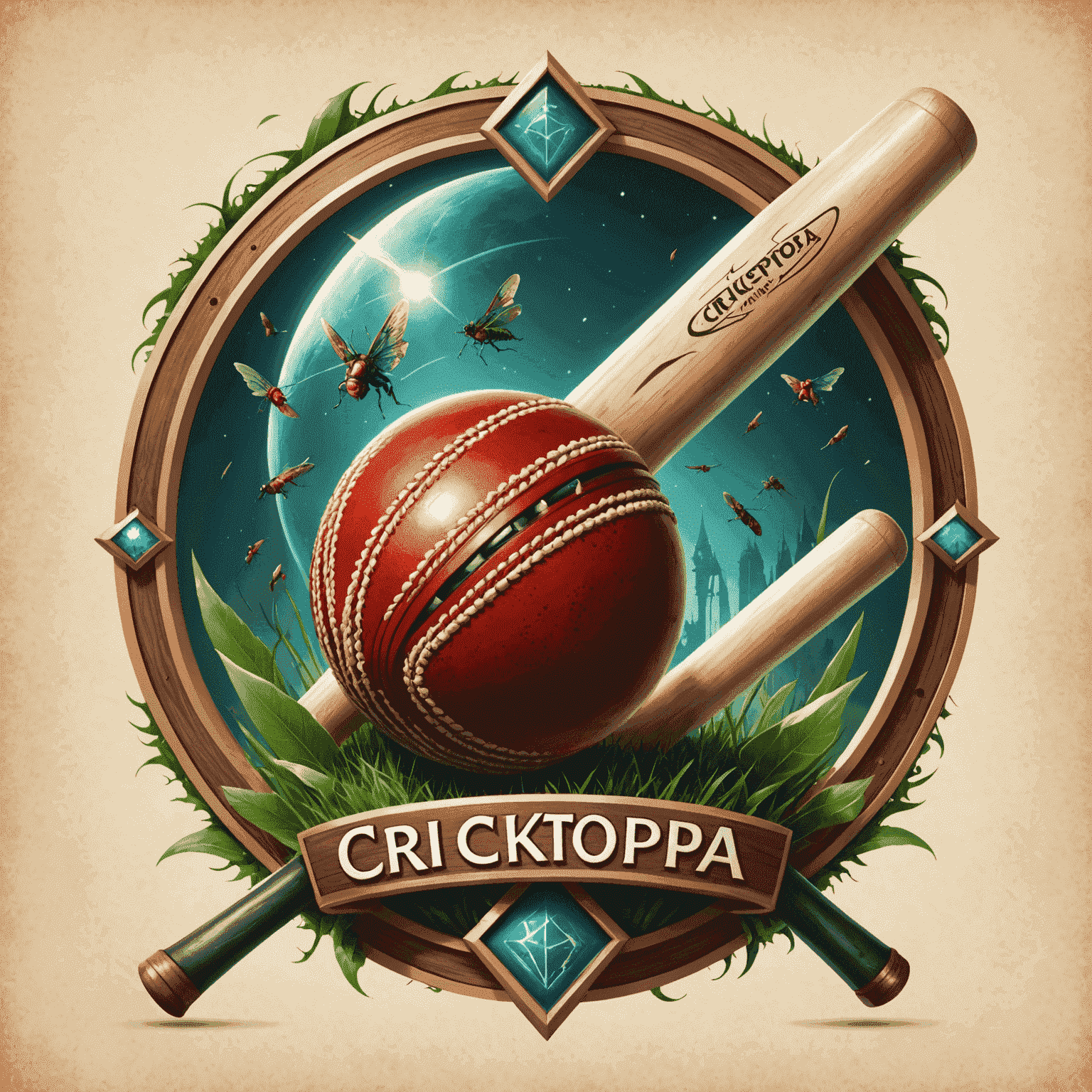 Cricktopia logo featuring a cricket ball and bat with fantasy elements