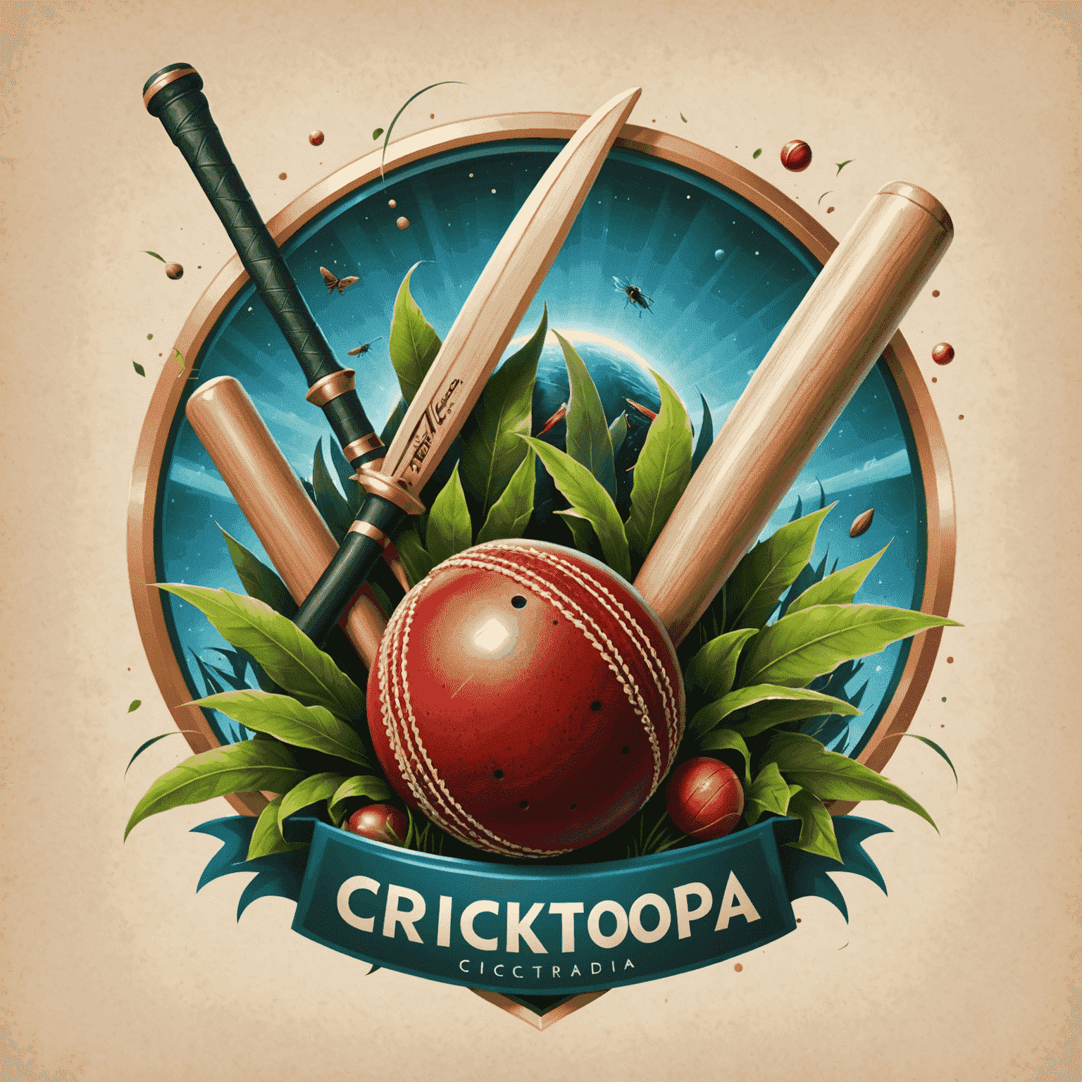 Cricktopia logo featuring a cricket ball and bat with fantasy elements