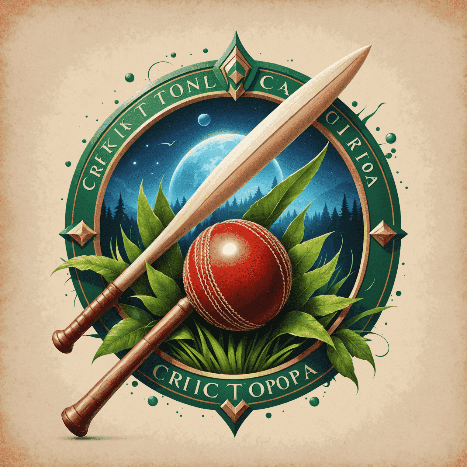 Cricktopia logo featuring a cricket ball and bat with fantasy elements