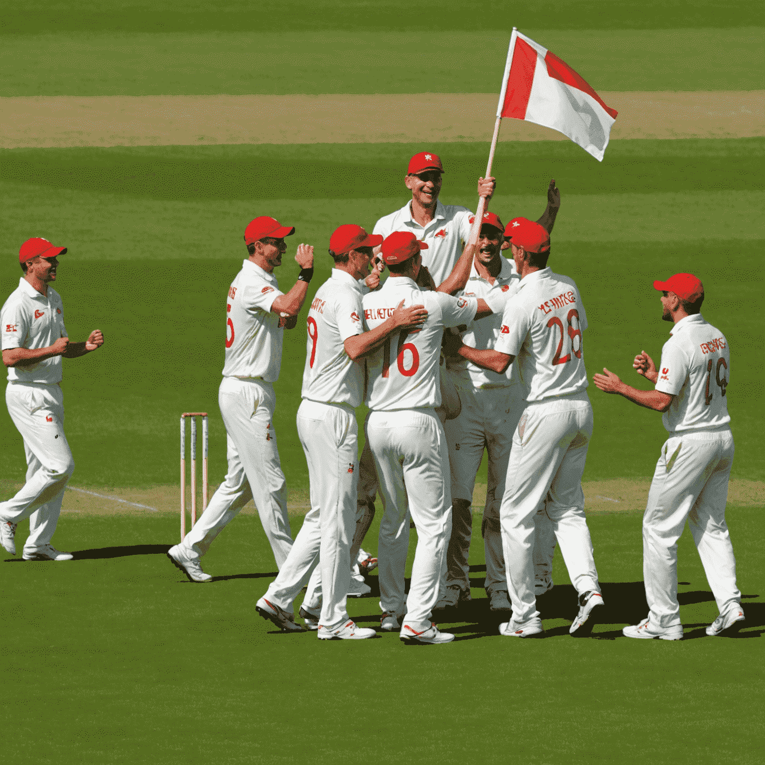 Polish cricket players celebrating on a lush green field, with the Polish flag waving in the background