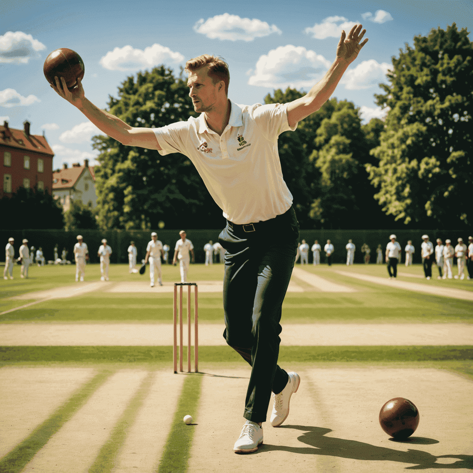 Jakub Nowak in action, bowling with perfect form on a sunny cricket field in Warsaw