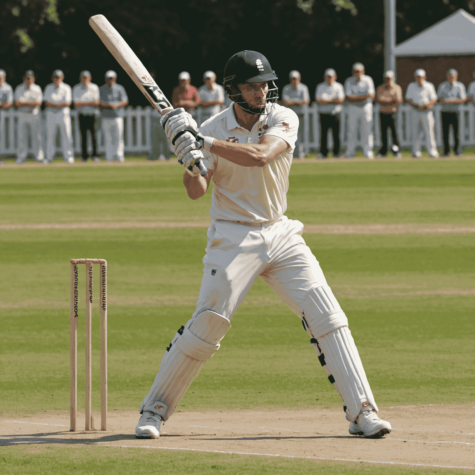 A Polish cricket batsman in mid-swing, hitting a ball during a match in a local league