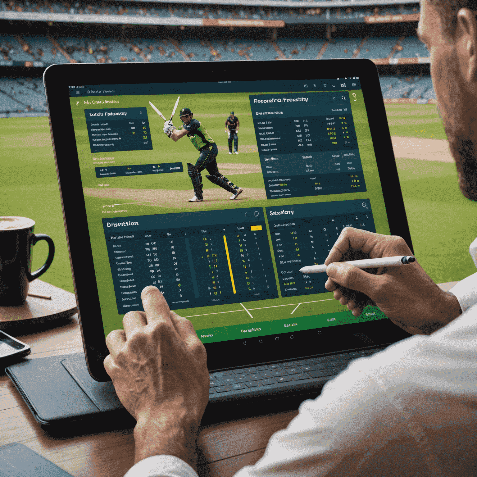 A fantasy cricket player analyzing statistics and making team selections on a tablet. The screen shows player performance graphs, upcoming match details, and a list of suggested players based on the Fantasy Points Calculator predictions. The background suggests a cricket stadium atmosphere.