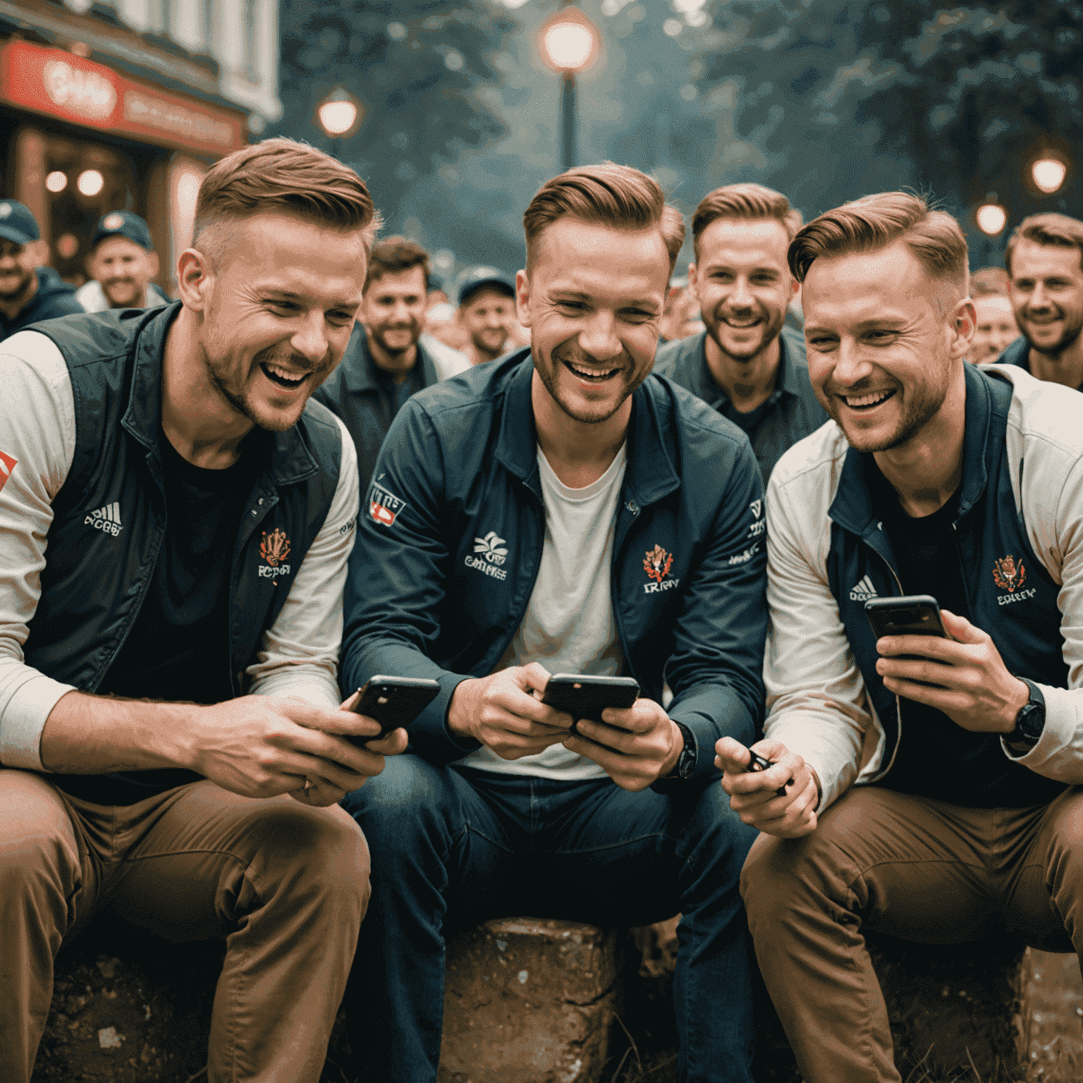 A group of diverse Polish fans excitedly looking at their smartphones, playing fantasy cricket