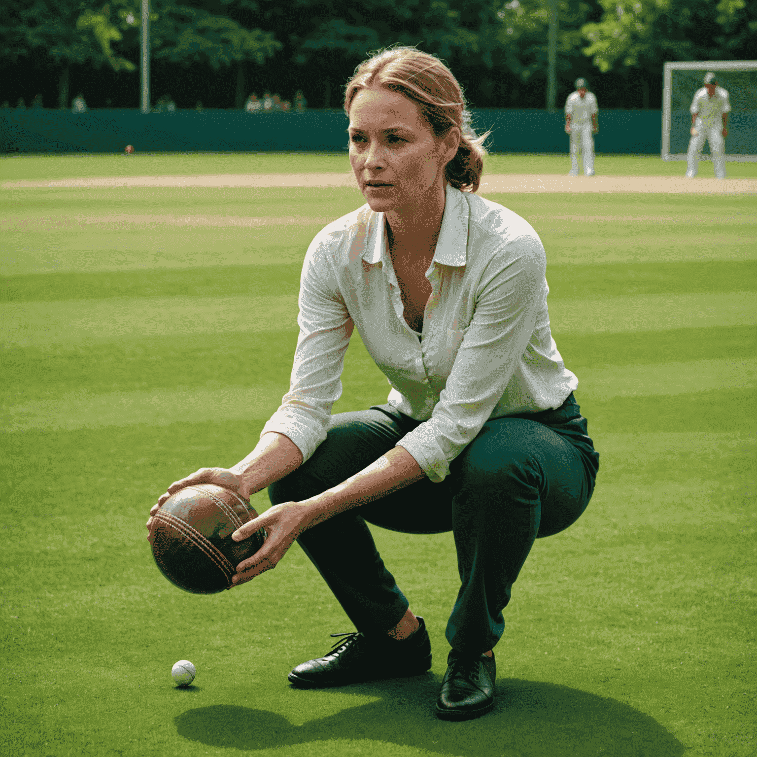 Maria Kowalska delivering a spinning bowl, her fingers positioned perfectly on the ball, on a lush green cricket pitch