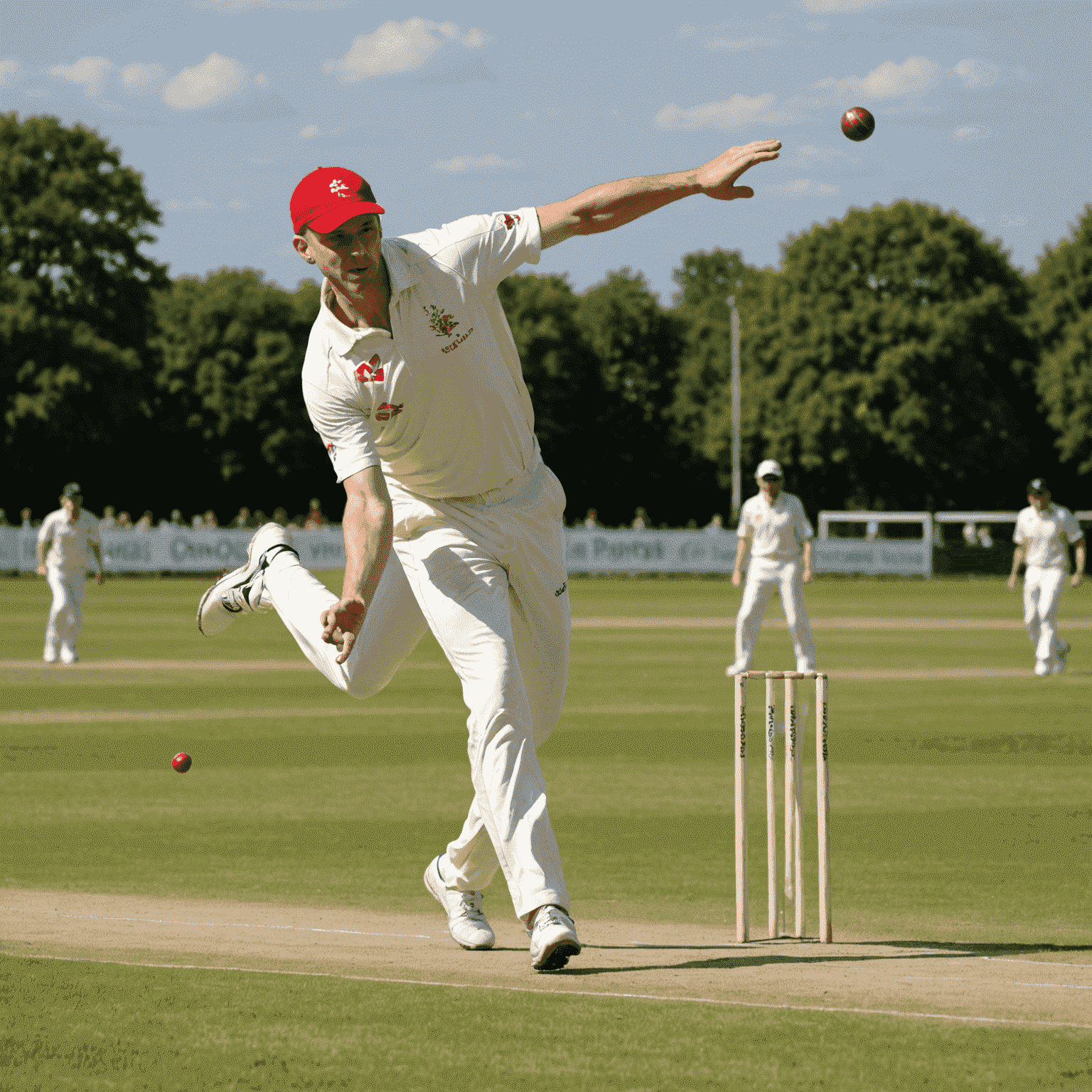 A Polish cricket bowler in his delivery stride, about to release the ball in a local league match