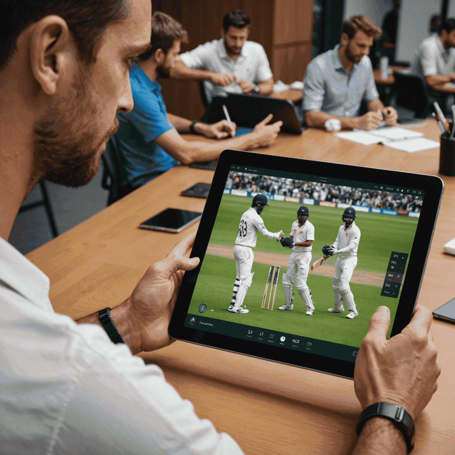 A person selecting cricket players from a digital roster on a tablet