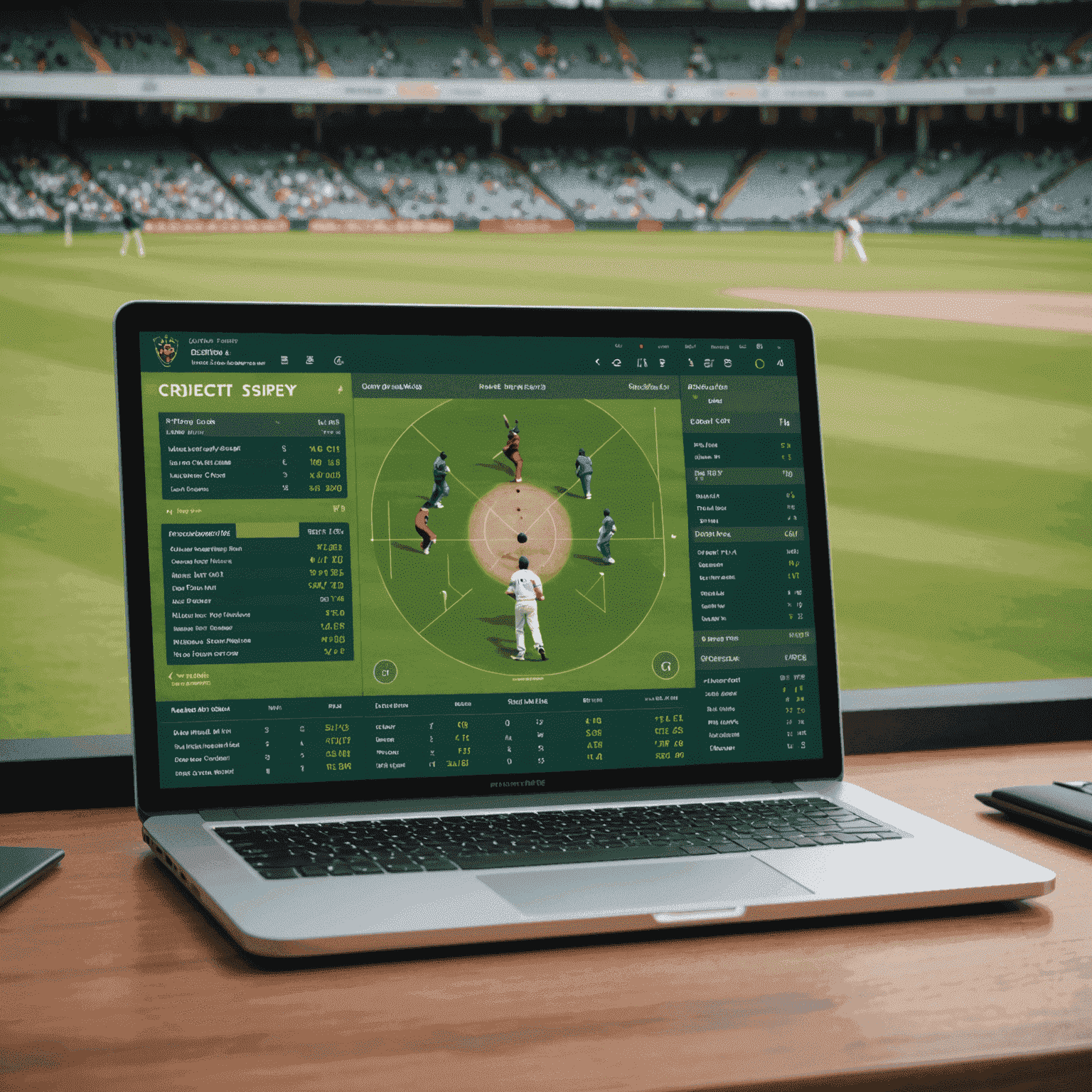 Fantasy cricket strategy image showing a laptop with cricket statistics and player selection interface