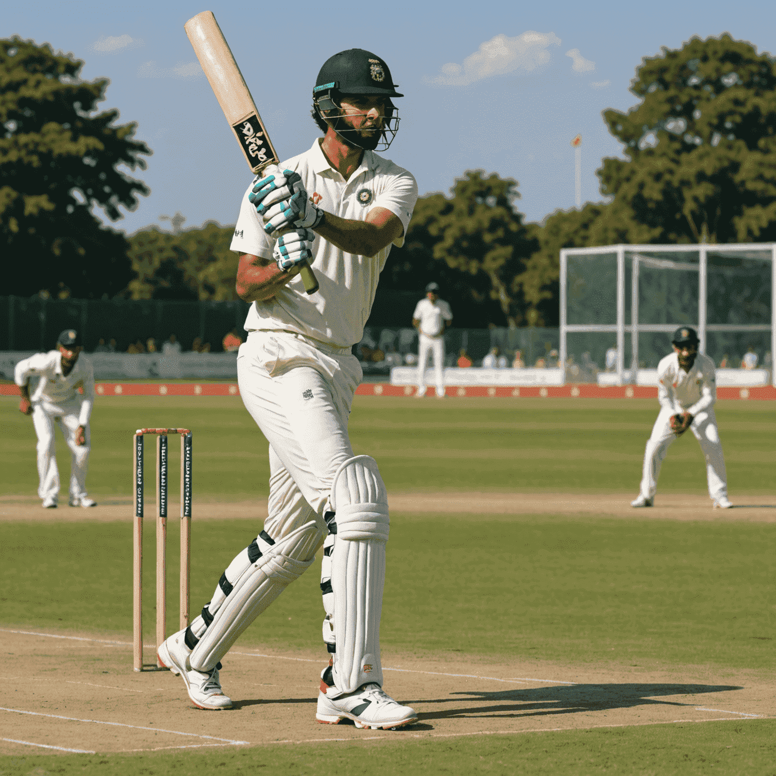 Rahul Sharma, an Indian cricketer, coaching young Polish players on a cricket field, demonstrating batting techniques