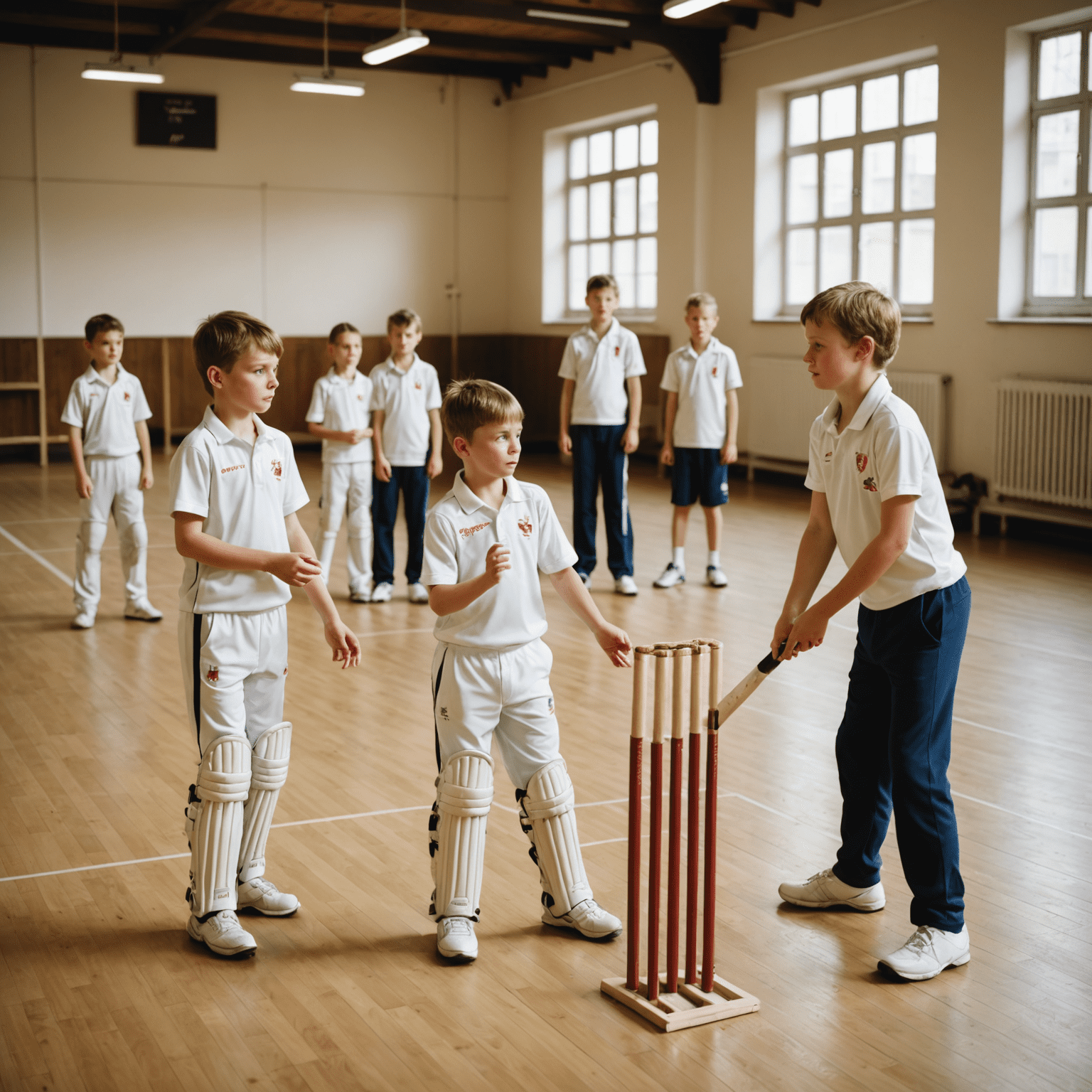 Young Polish children learning cricket basics in a well-equipped indoor academy