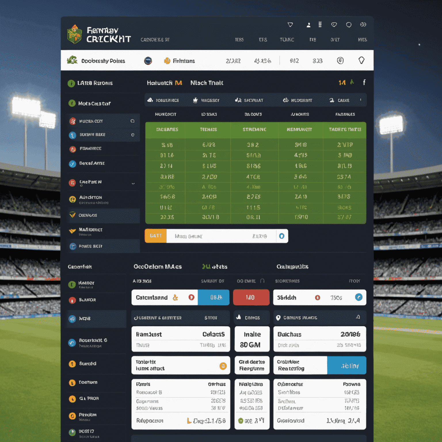 Fantasy cricket points calculator interface with player performance metrics and prediction graphs